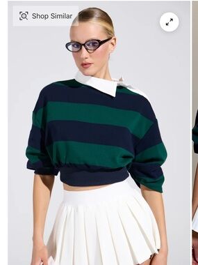 AKIRA Juliana Stripe Sweatshirt Green & Navy Cropped Striped Rugby Sweater Large